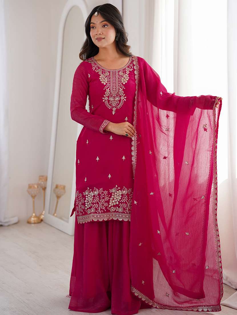 women embroidered long sleeves kurta palazzo set with dupatta