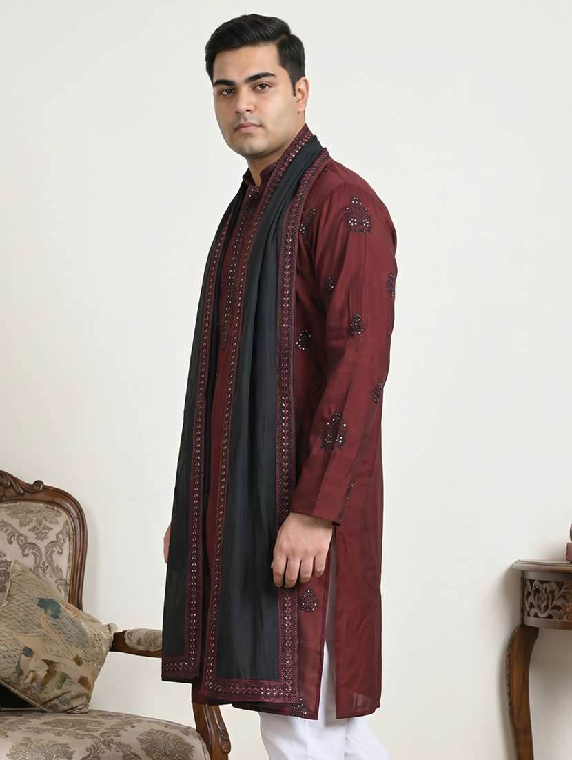men solid with work mandarin neck long kurta - 22595418 -  Standard Image - 2