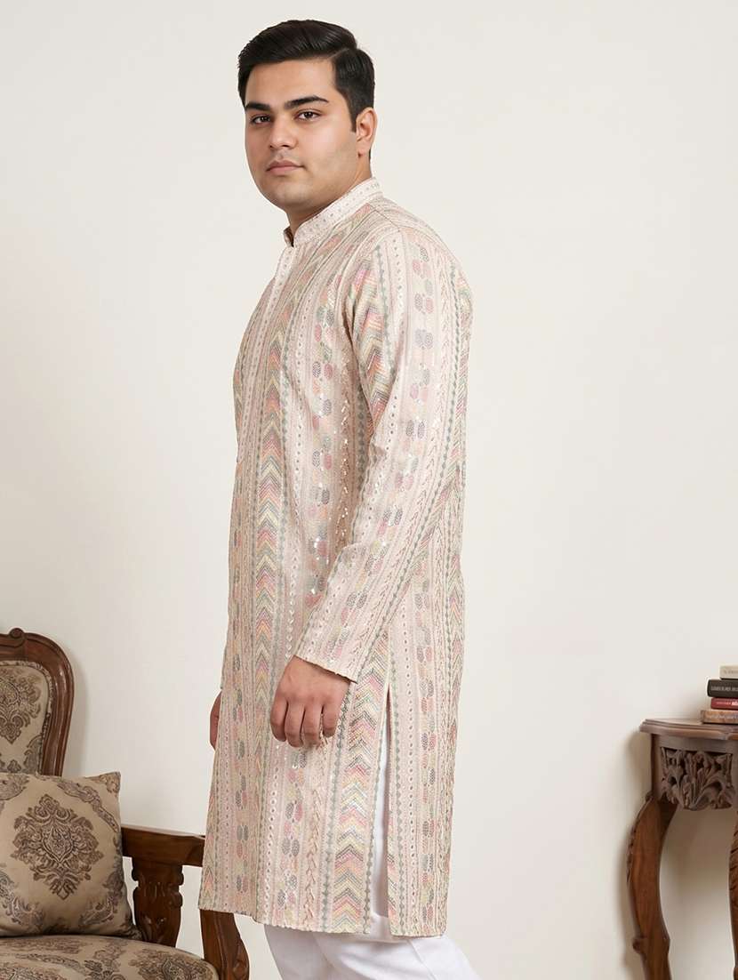 men solid with work mandarin neck long kurta - 22595430 -  Standard Image - 2
