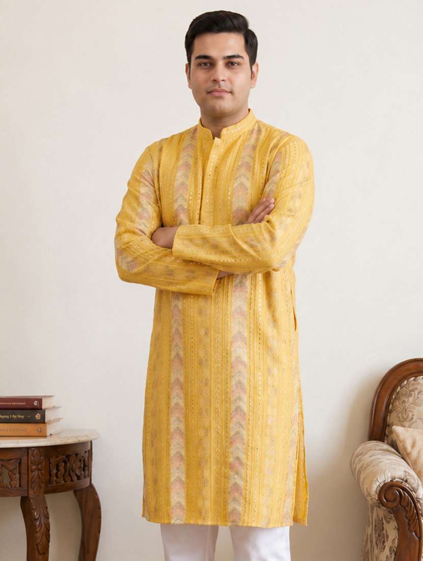 men solid with work mandarin neck long kurta - 22595431 -  Standard Image - 2
