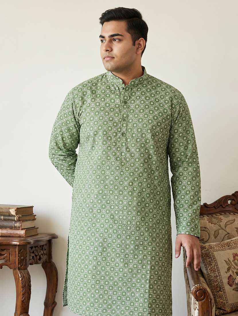 men printed mandarin neck long kurta