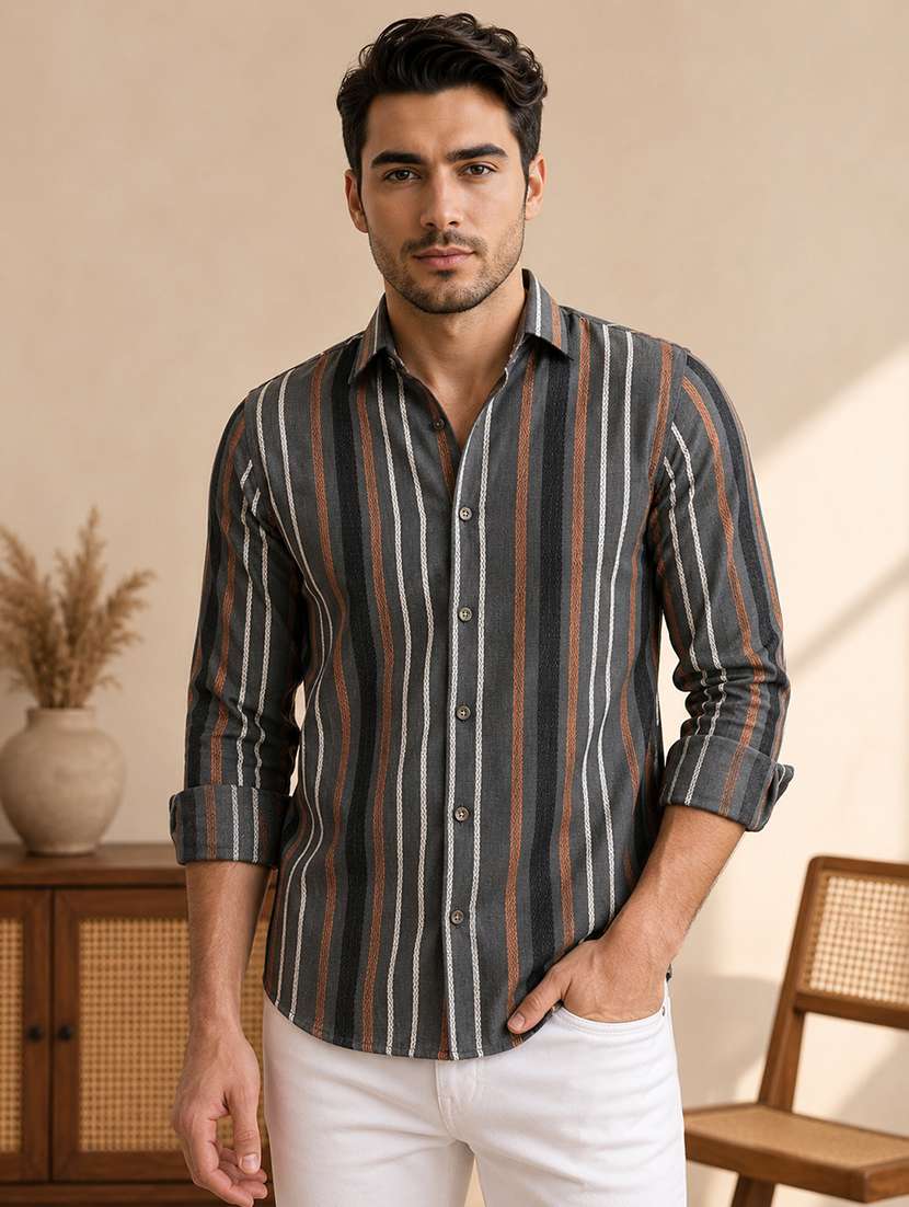 men striped long sleeve regular fit casual shirt