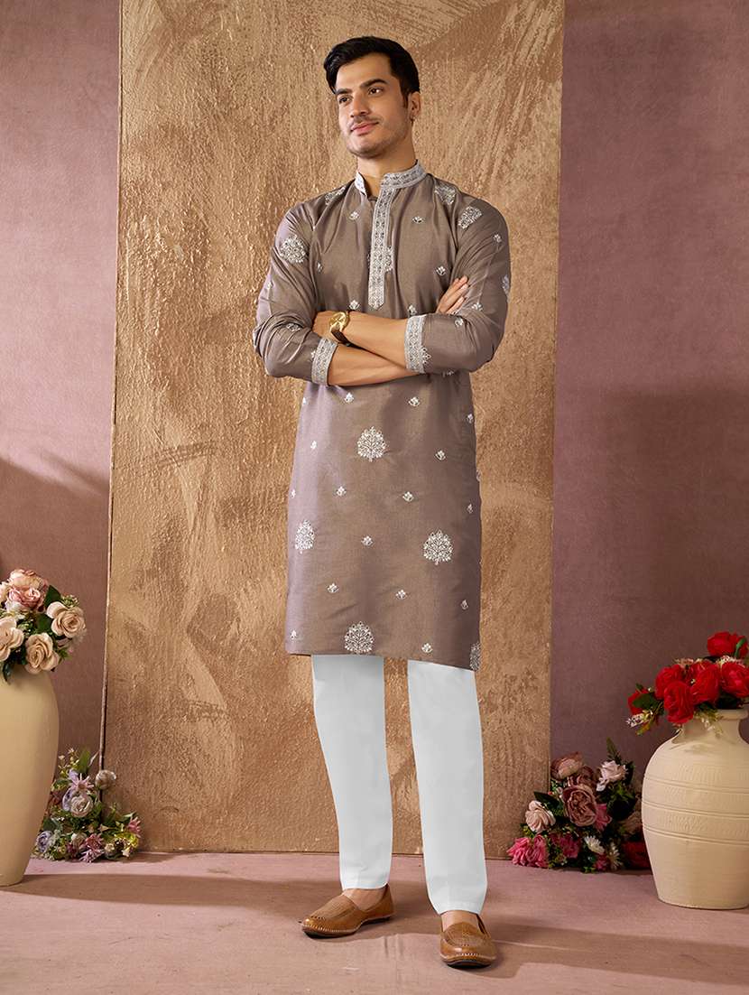 men solid with work mandarin neck kurta pyjama set