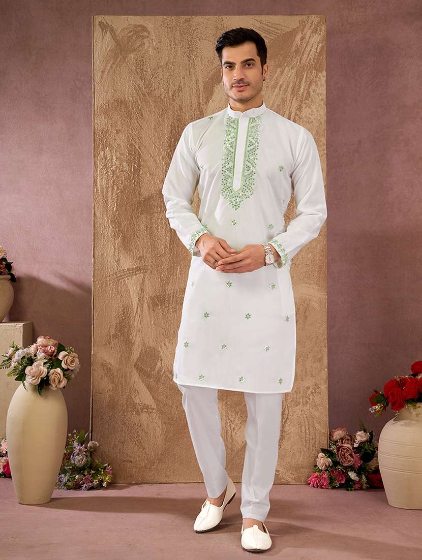 men solid with work mandarin neck kurta pyjama set