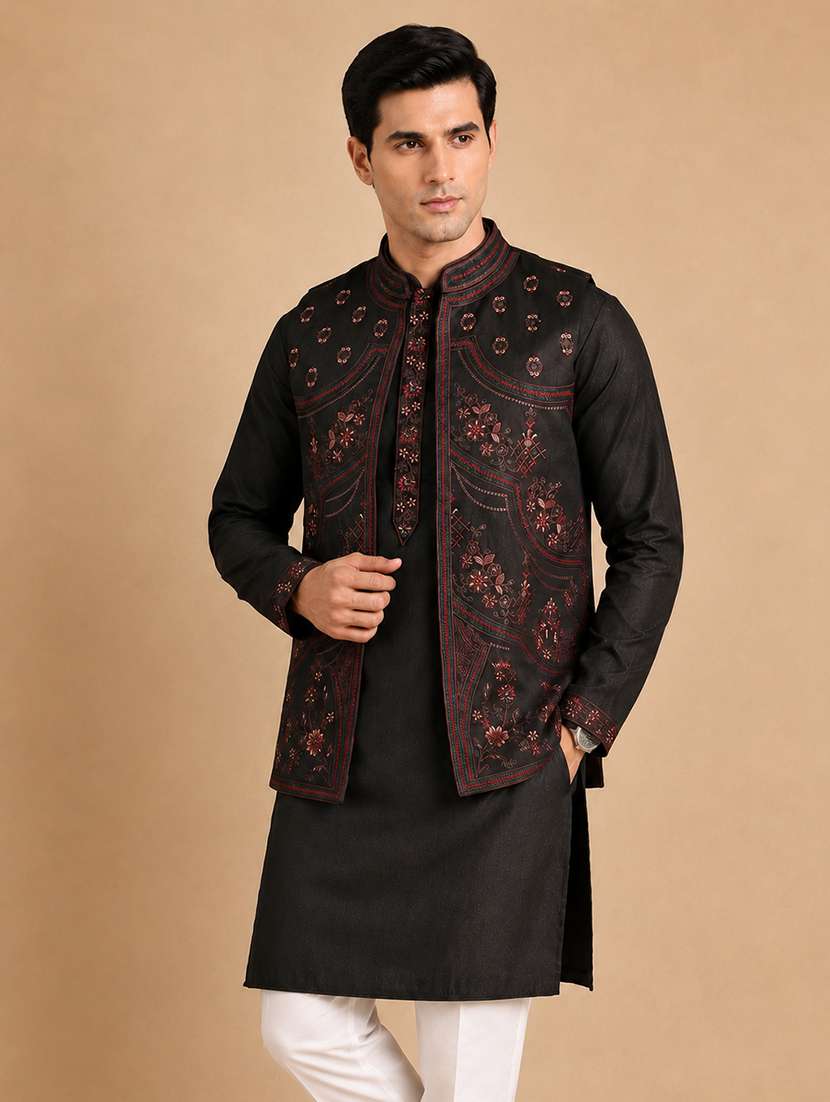 Men Solid With Work Mandarin Neck Kurta Pyjama With Jacket Set - 22595790 -  Standard Image - 2