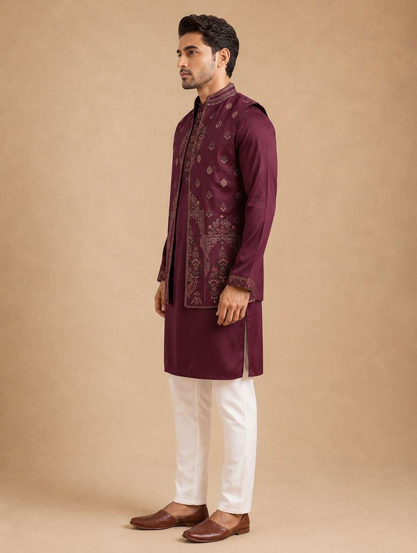Men Solid With Work Mandarin Neck Kurta Pyjama With Jacket Set - 22595792 -  Standard Image - 2