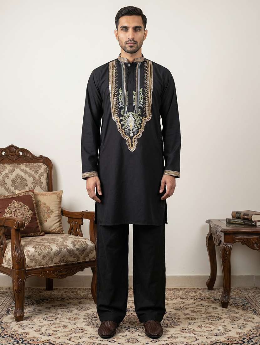 men solid with work mandarin neck kurta pyjama set