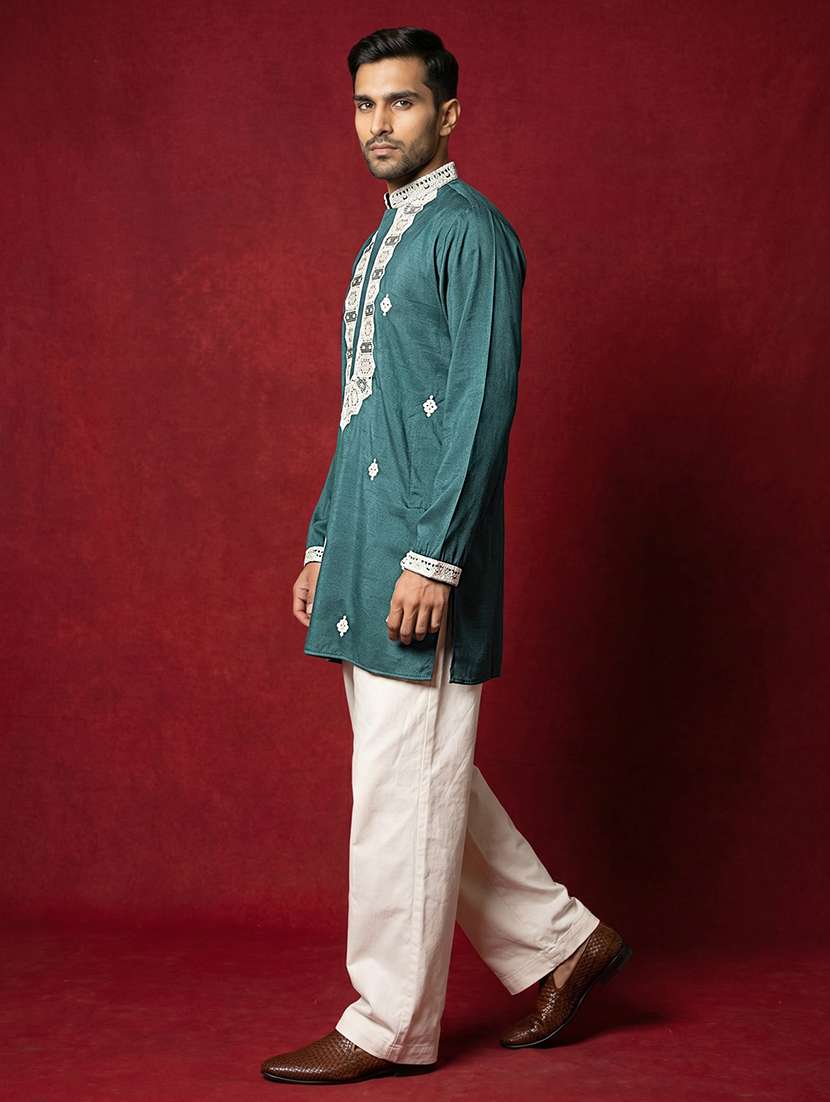Men Solid With Work Mandarin Neck Kurta Pyjama Set - 22595853 -  Standard Image - 2