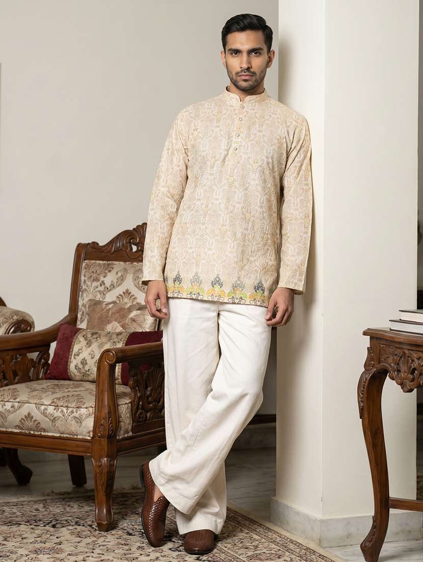 men printed mandarin neck kurta pyjama set