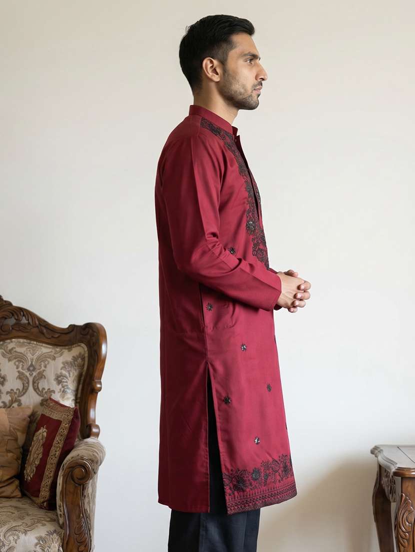 men solid with work mandarin neck long kurta - 22595941 -  Standard Image - 2