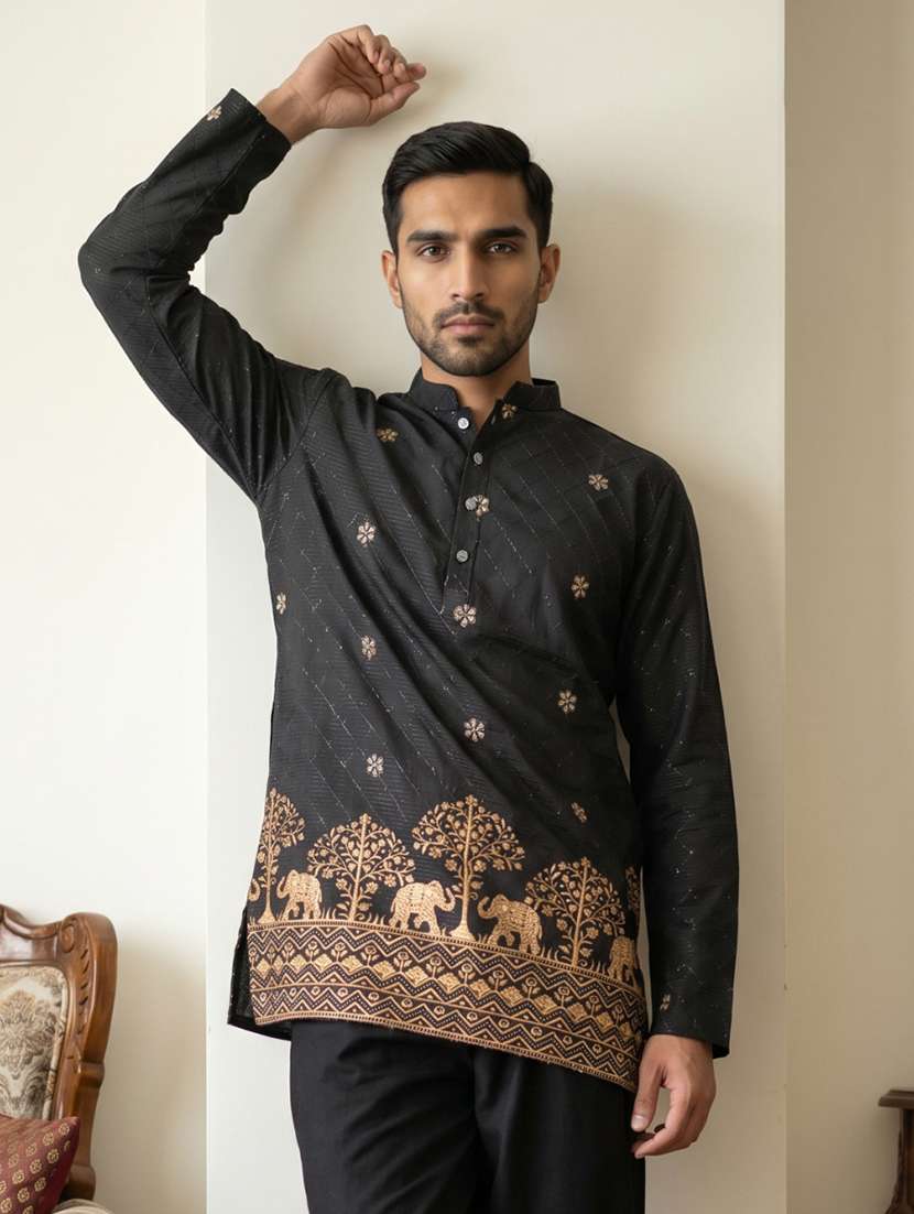 men solid with work mandarin neck short kurta - 22595944 -  Standard Image - 2