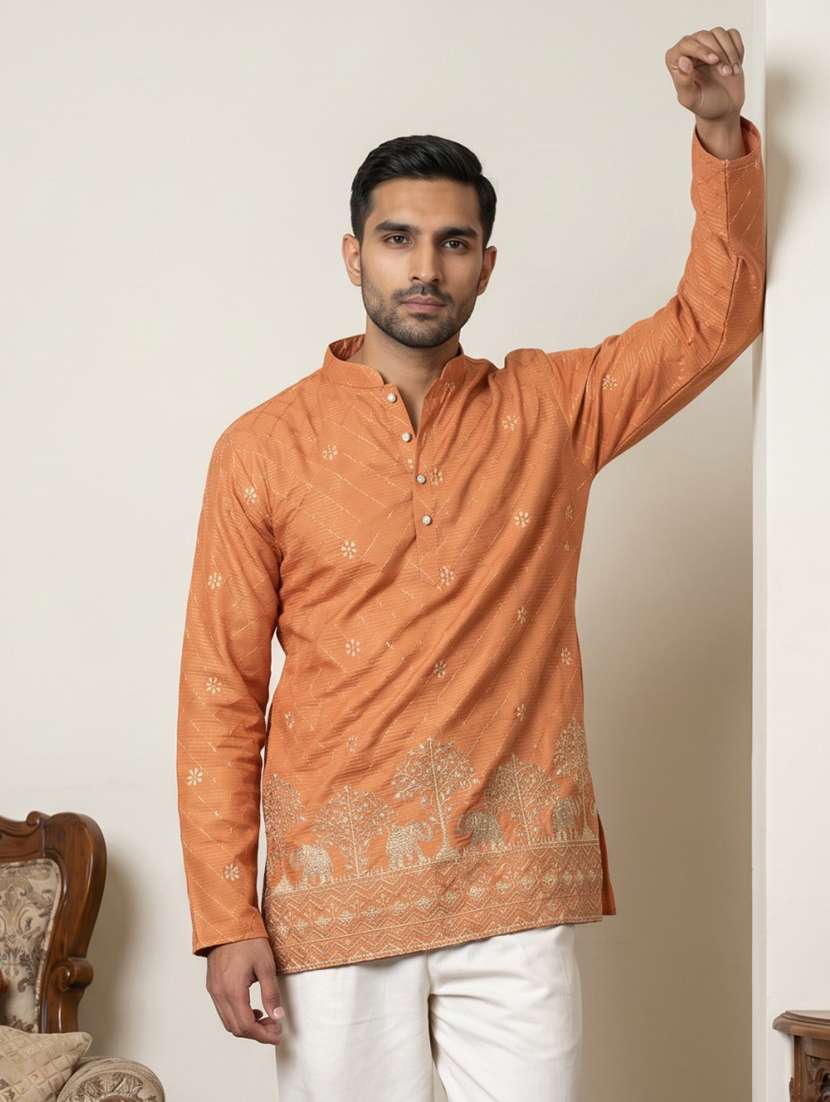 men solid with work mandarin neck short kurta - 22595945 -  Standard Image - 2