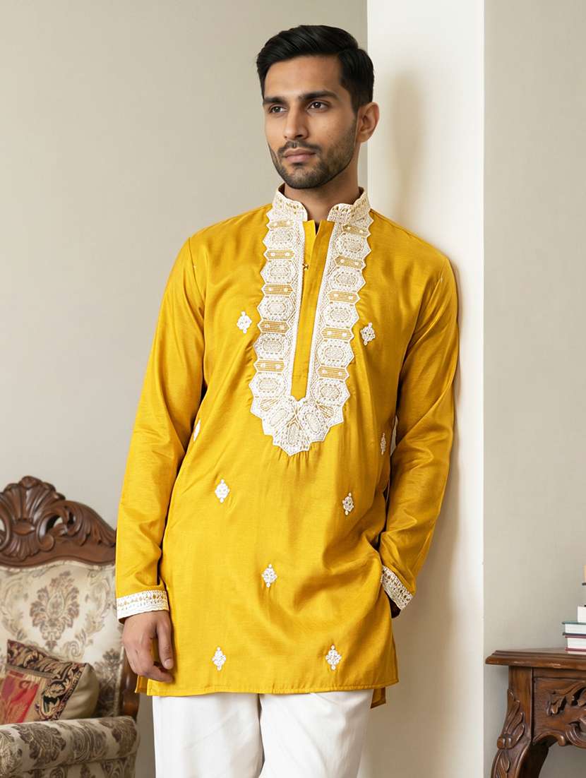 men solid with work mandarin neck short kurta