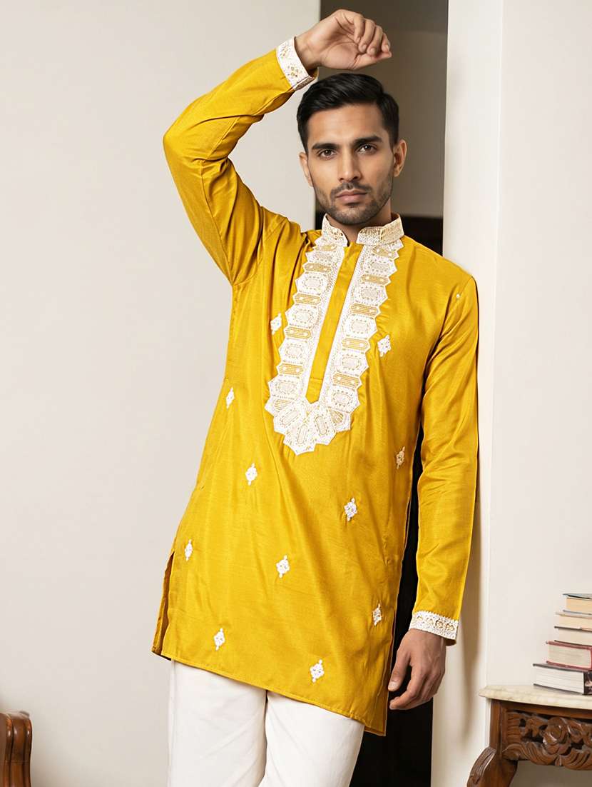 men solid with work mandarin neck short kurta - 22595947 -  Standard Image - 2