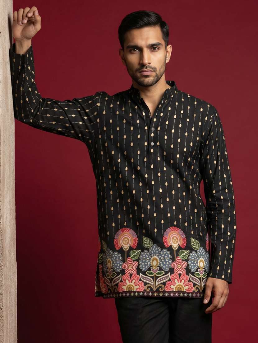 men printed mandarin neck short kurta - 22595949 -  Standard Image - 2