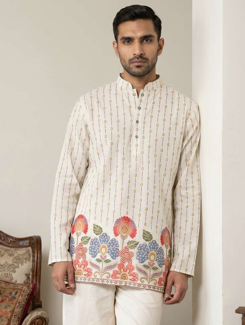 men printed mandarin neck short kurta - 22595950 -  Standard Image - 2