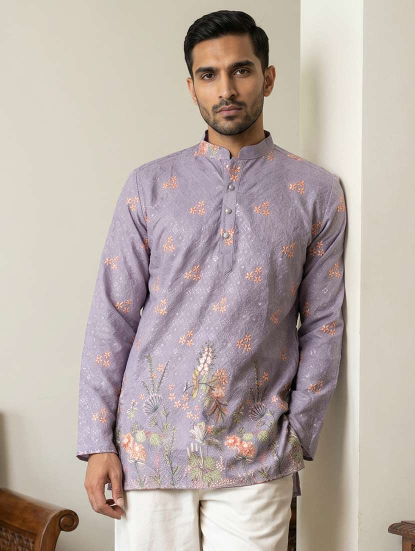 men printed mandarin neck short kurta