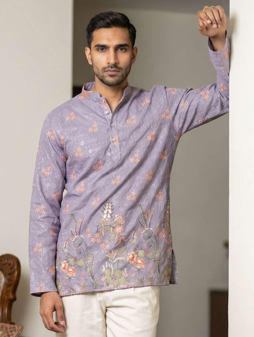 men printed mandarin neck short kurta - 22595952 -  Standard Image - 2