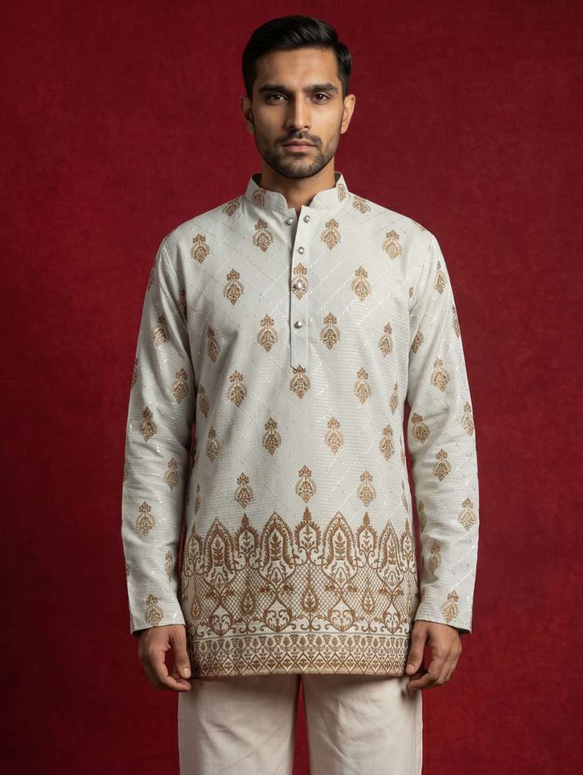 men printed mandarin neck short kurta