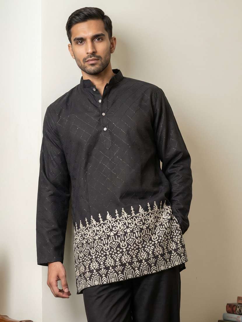 men printed mandarin neck short kurta