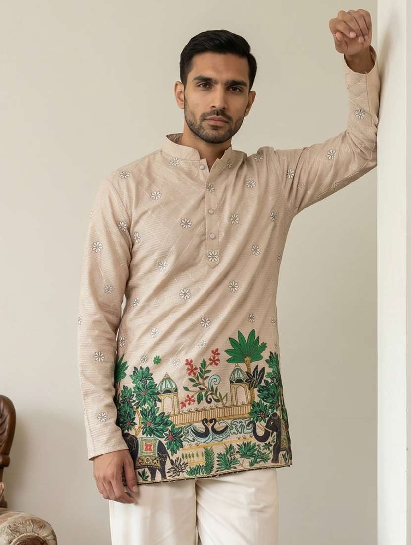 Men Printed Mandarin Neck Short Kurta - 22595958 -  Standard Image - 2