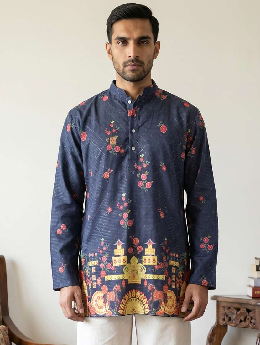 Men Printed Mandarin Neck Short Kurta - 22595959 -  Standard Image - 2