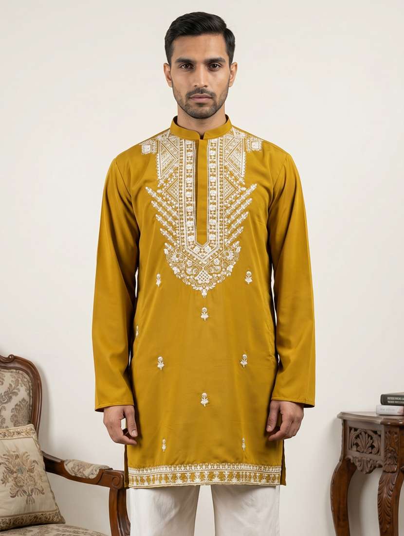 men solid with work mandarin neck short kurta - 22595961 -  Standard Image - 2