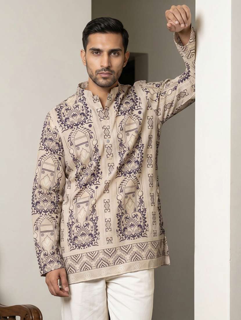 men printed mandarin neck short kurta - 22595962 -  Standard Image - 2