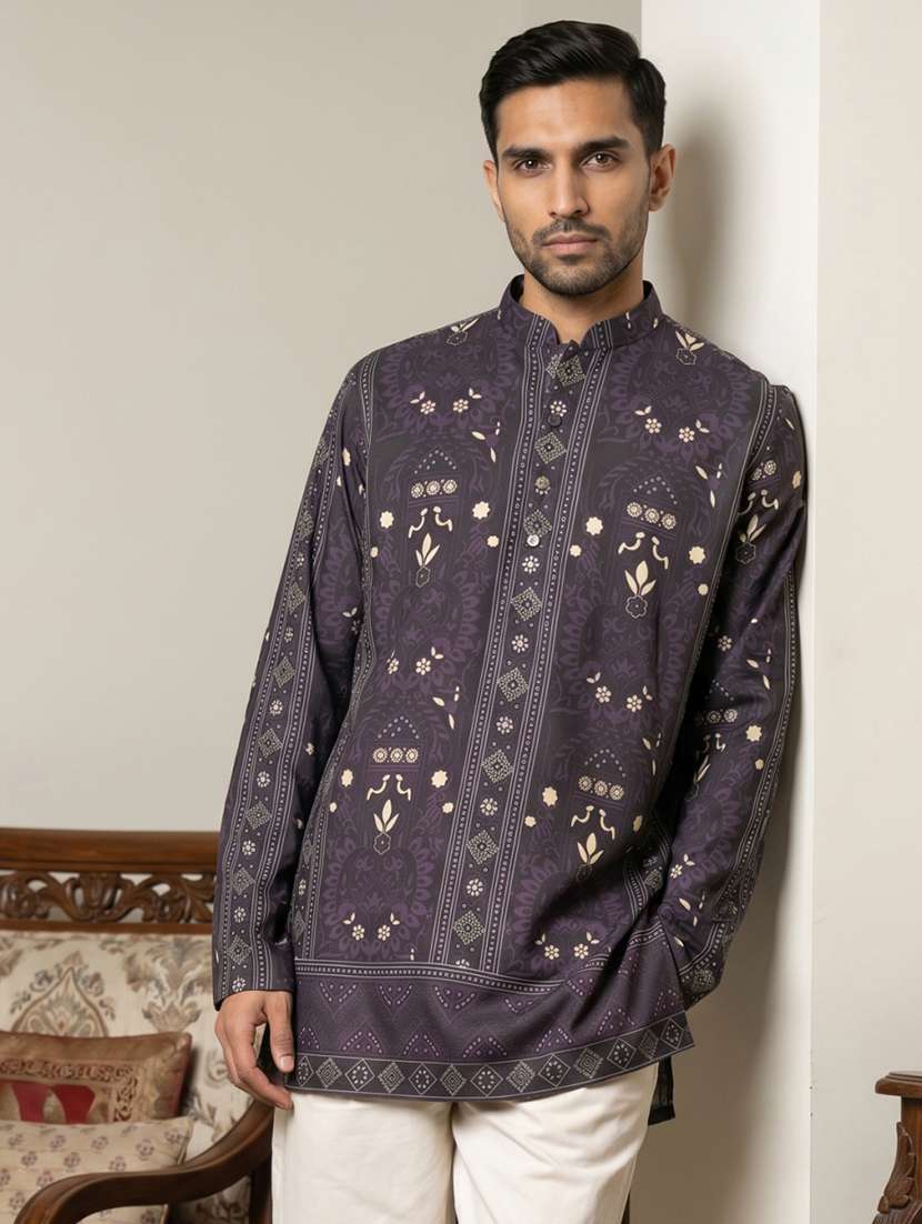 men printed mandarin neck short kurta