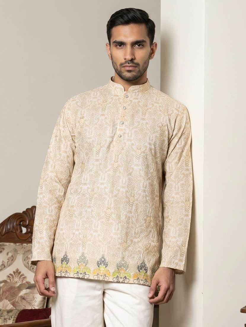 men printed mandarin neck short kurta