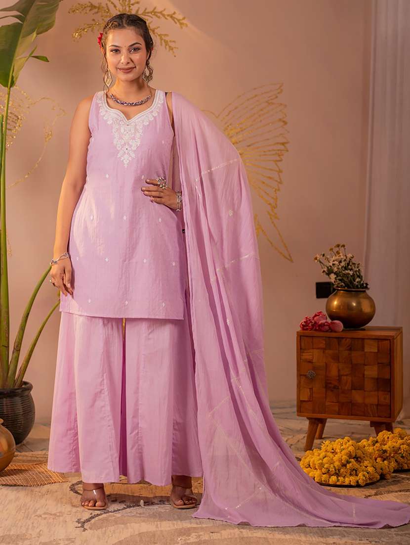 women embroidered sleeveless kurta sharara set with dupatta