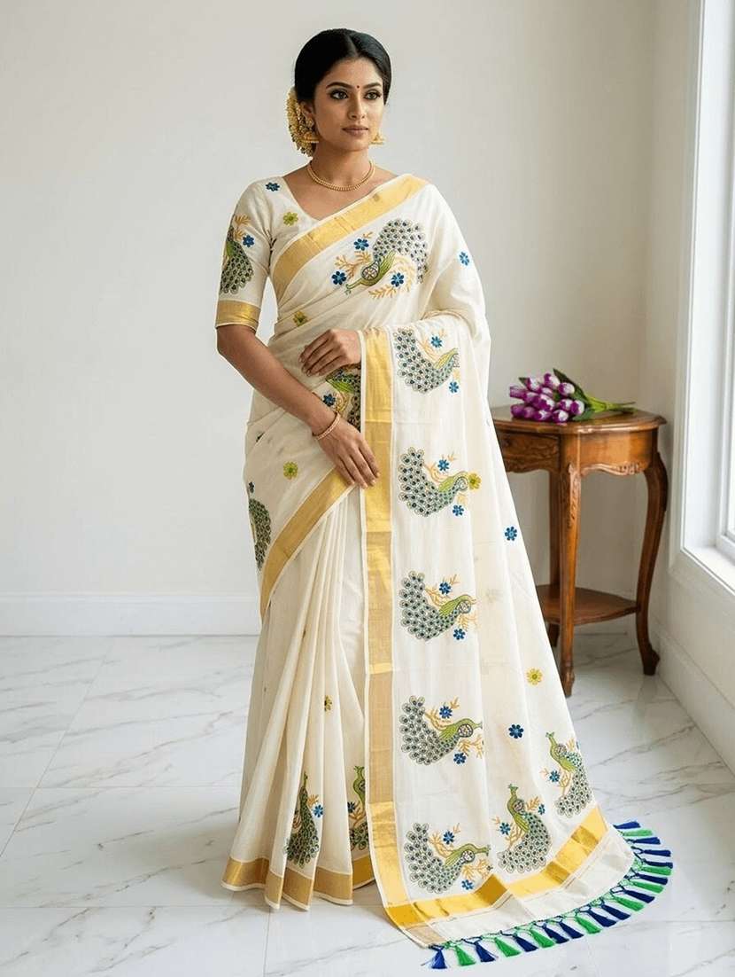women solid with work embroidered saree with blouse