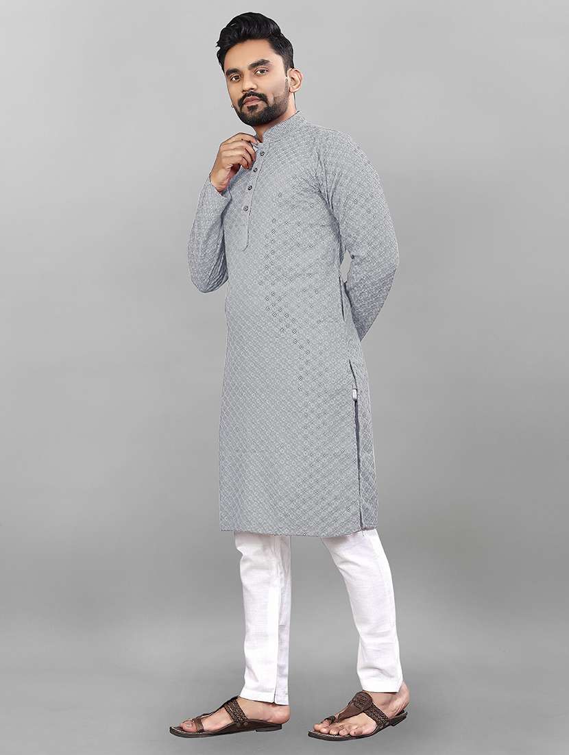 Men Solid With Work Mandarin Neck Kurta Pyjama Set - 22596561 -  Standard Image - 2