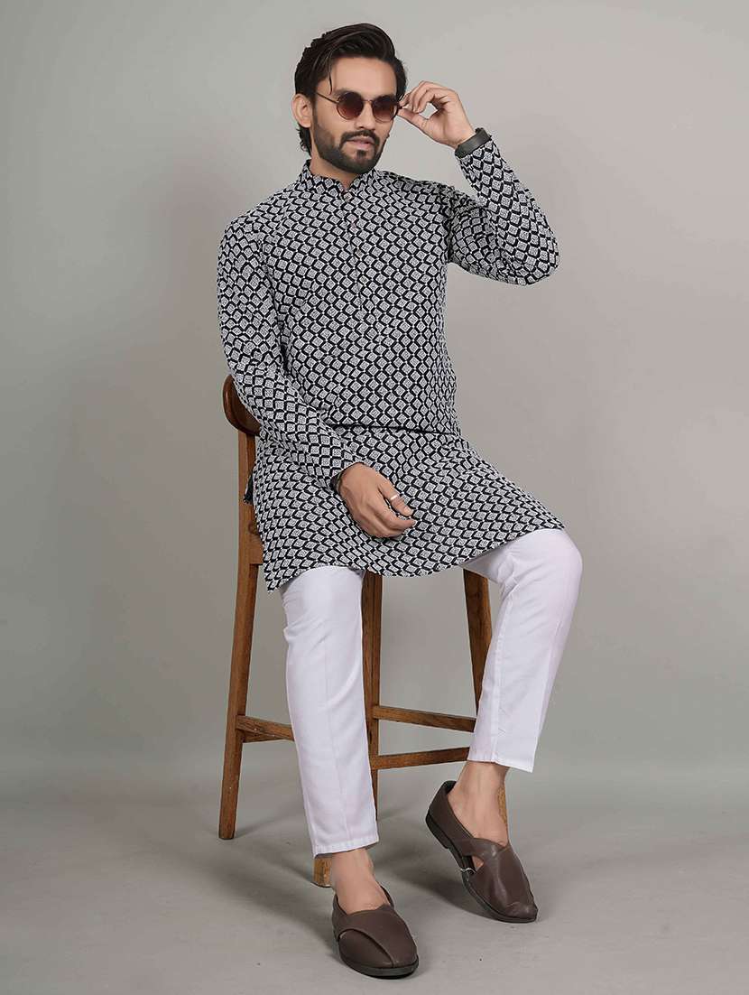 men solid with work mandarin neck kurta pyjama set