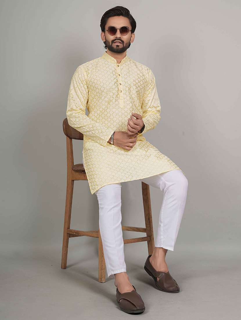 men solid with work mandarin neck kurta pyjama set