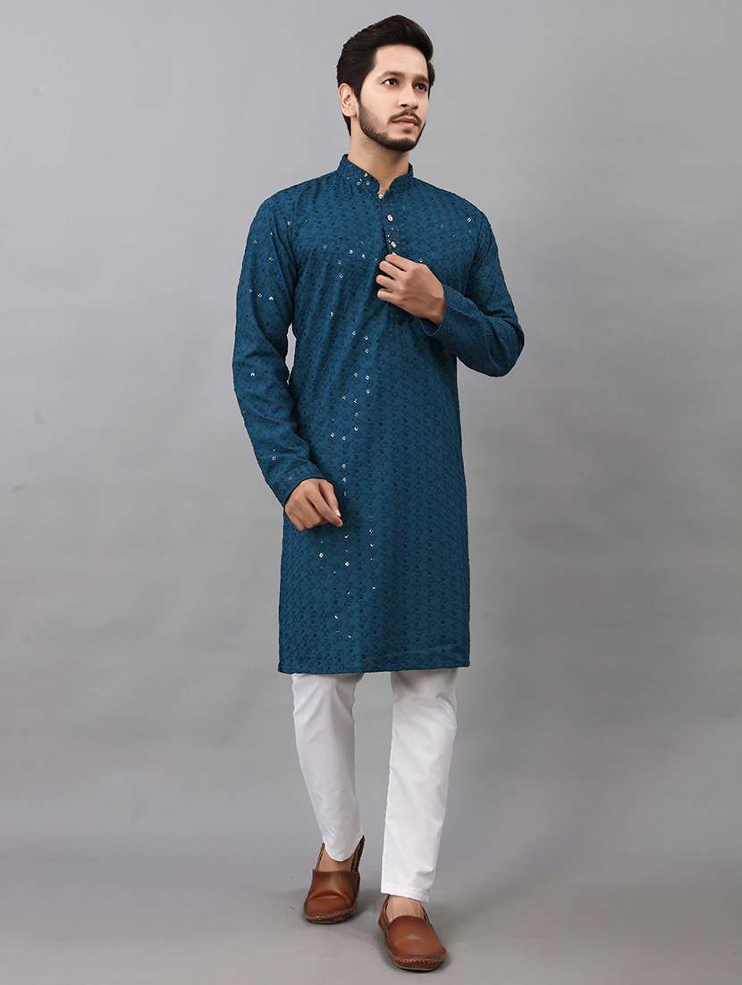 Men Solid With Work Mandarin Neck Kurta Pyjama Set - 22596601 -  Standard Image - 2