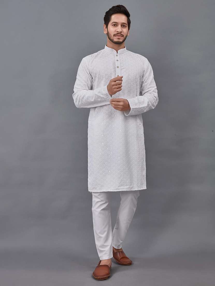 Men Solid With Work Mandarin Neck Kurta Pyjama Set - 22596602 -  Standard Image - 2