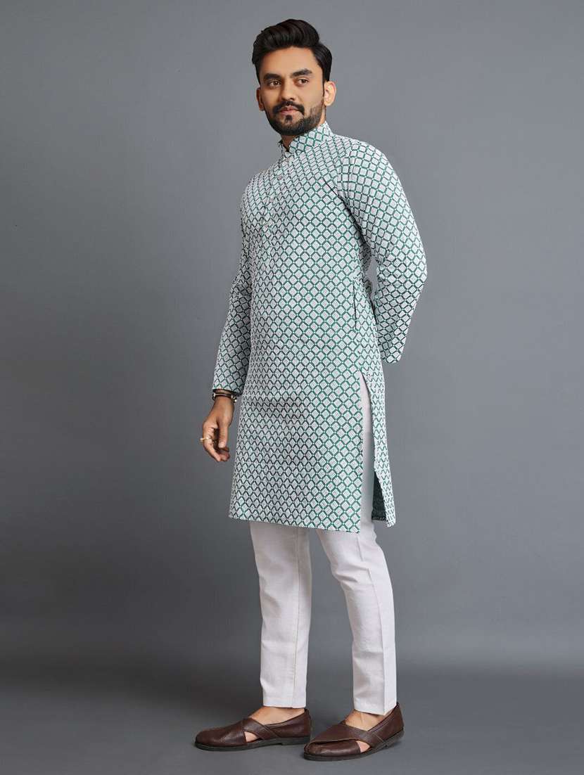 men solid with work mandarin neck long kurta - 22596666 -  Standard Image - 2
