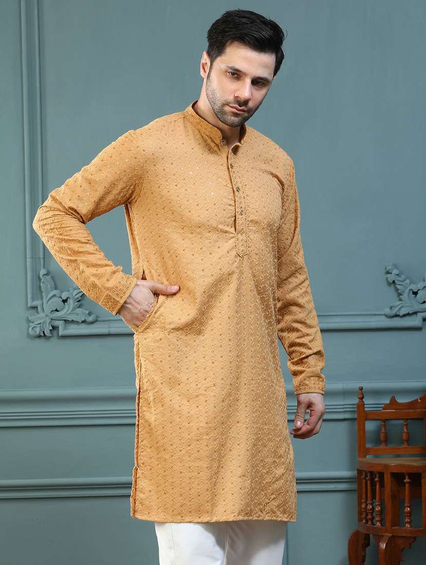 men solid with work mandarin neck long kurta - 22596686 -  Standard Image - 2