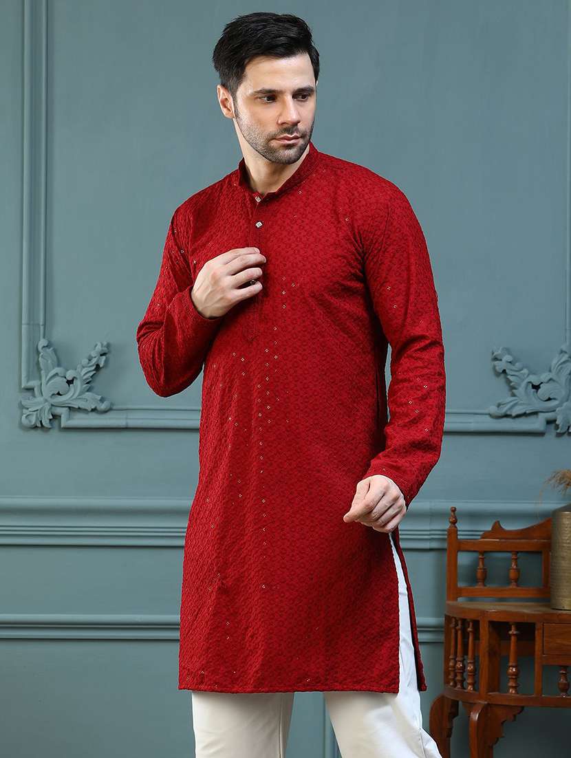 men solid with work mandarin neck long kurta
