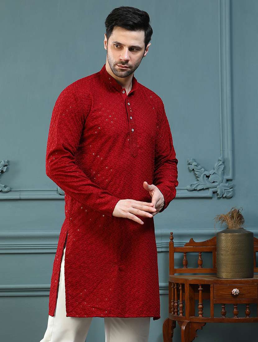 Men Solid With Work Mandarin Neck Long Kurta - 22596691 -  Standard Image - 2