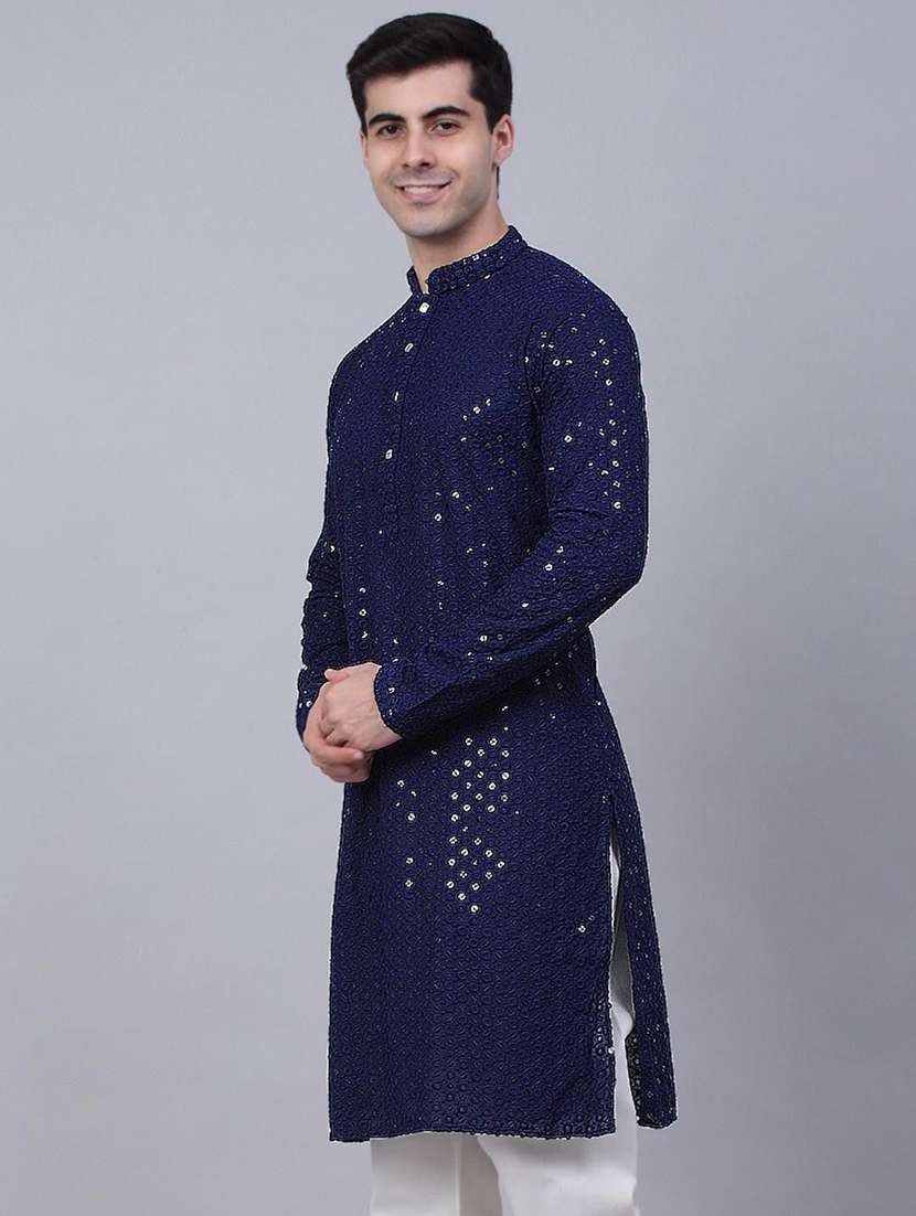 men solid with work mandarin neck long kurta - 22596706 -  Standard Image - 2