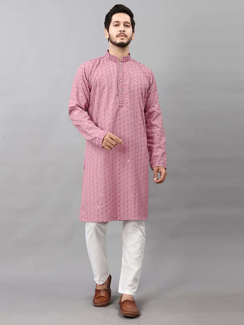men solid with work mandarin neck long kurta - 22596724 -  Standard Image - 2