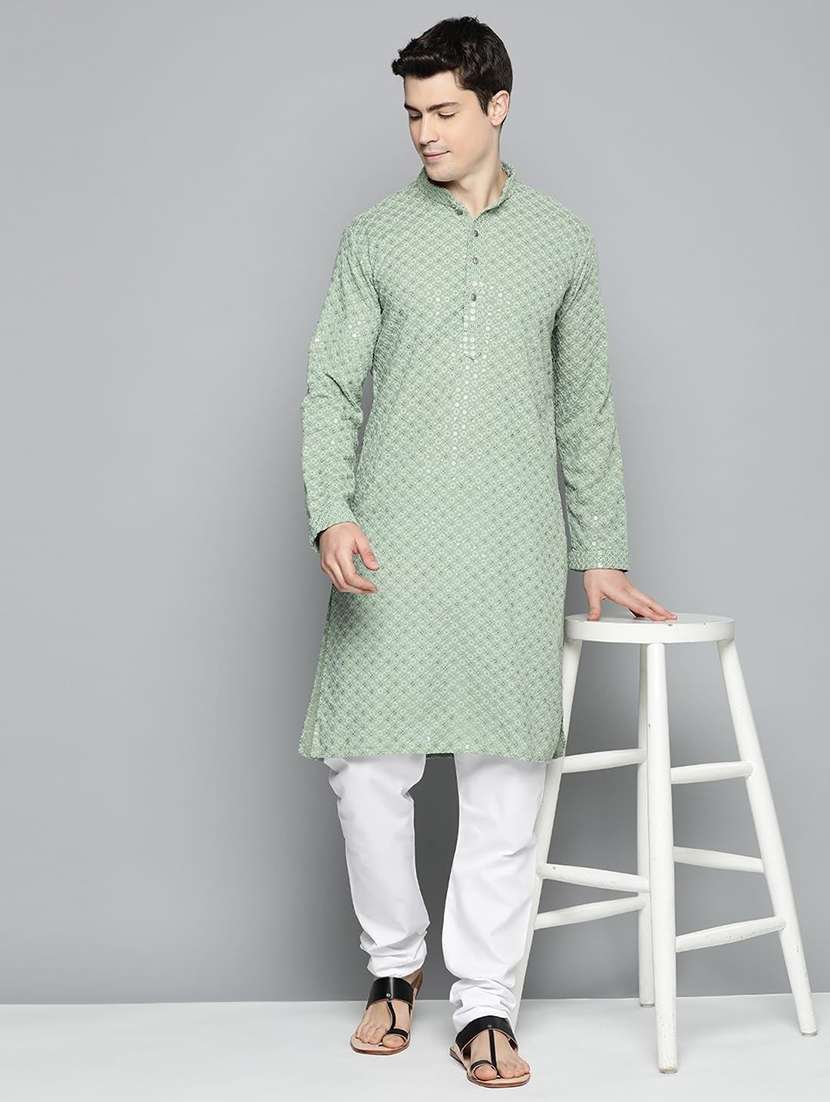 men solid with work mandarin neck long kurta
