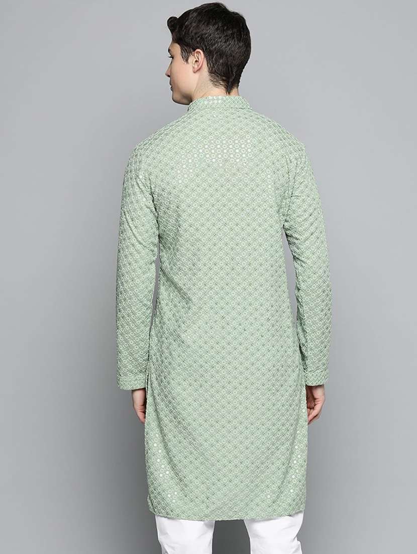 Men Solid With Work Mandarin Neck Long Kurta - 22596742 -  Standard Image - 2