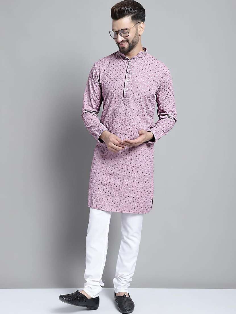 men solid with work mandarin neck long kurta
