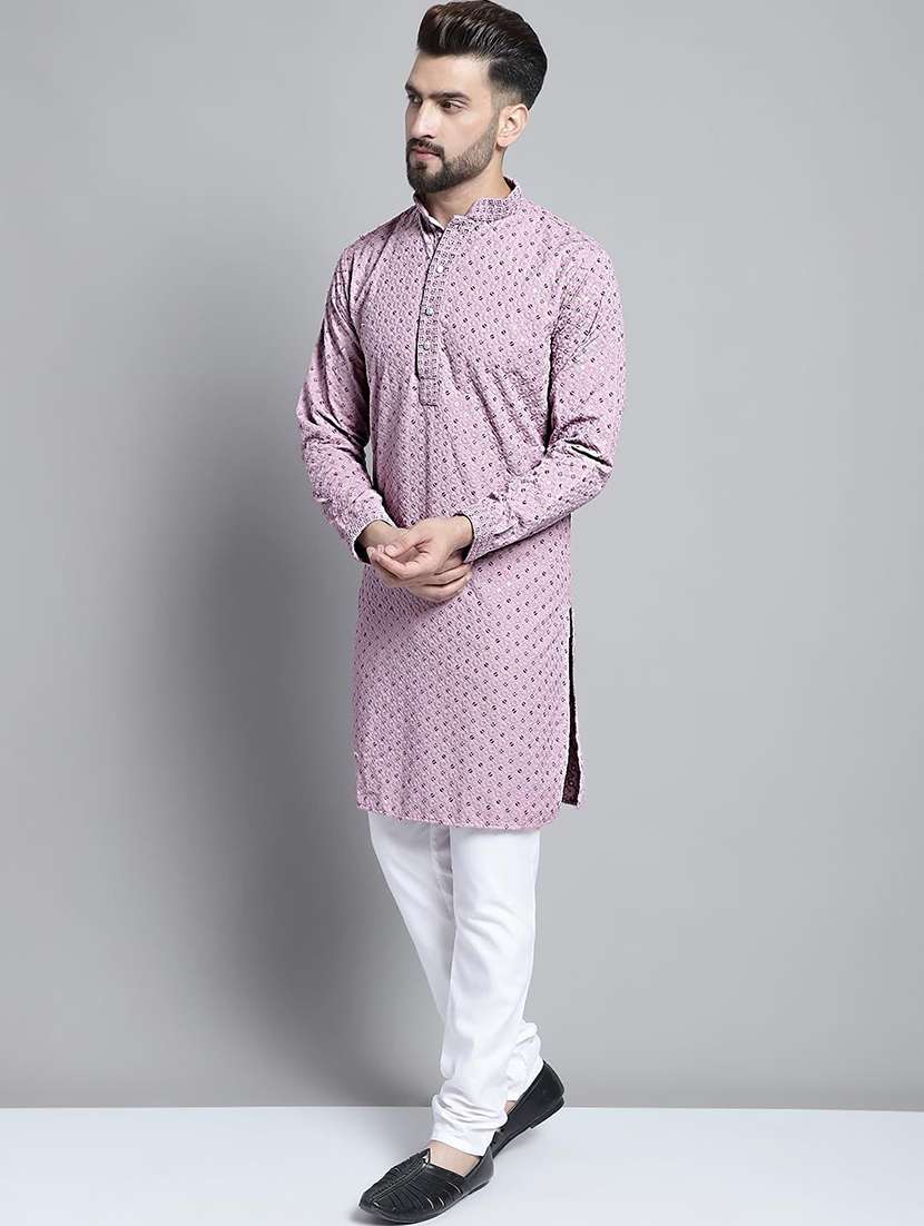 men solid with work mandarin neck long kurta - 22596743 -  Standard Image - 2
