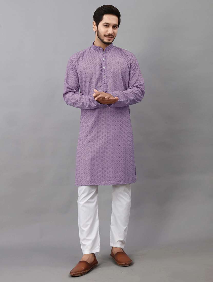 men solid with work mandarin neck long kurta - 22596747 -  Standard Image - 2