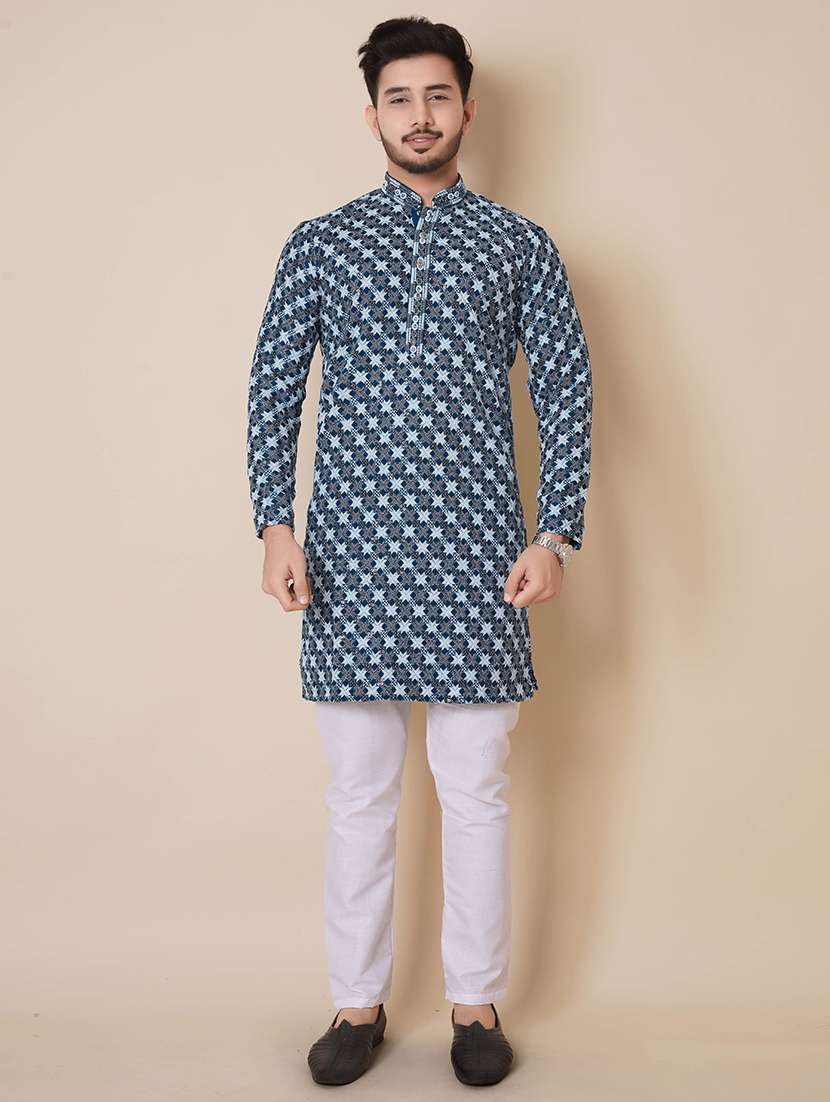 men solid with work mandarin neck long kurta - 22596748 -  Standard Image - 2