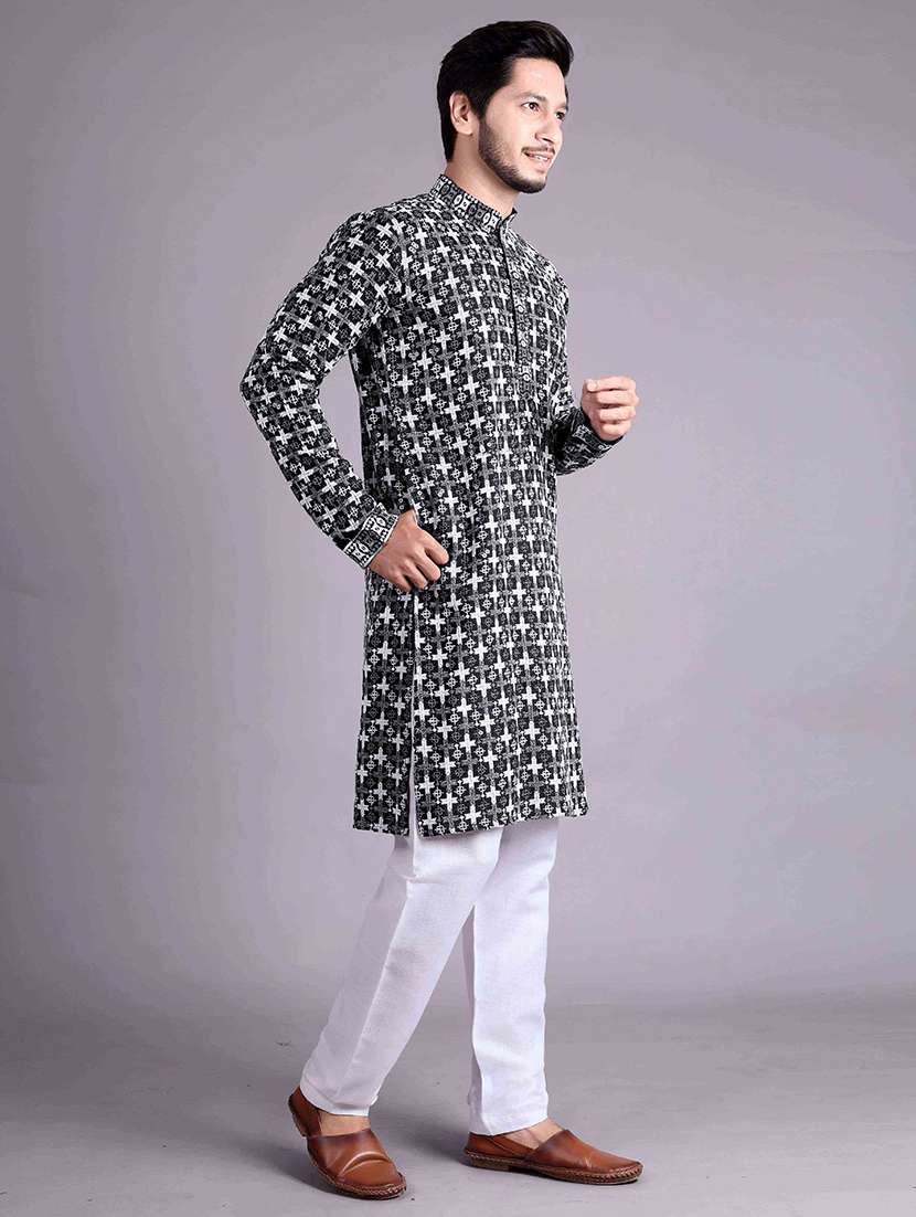 men solid with work mandarin neck long kurta - 22596749 -  Standard Image - 2